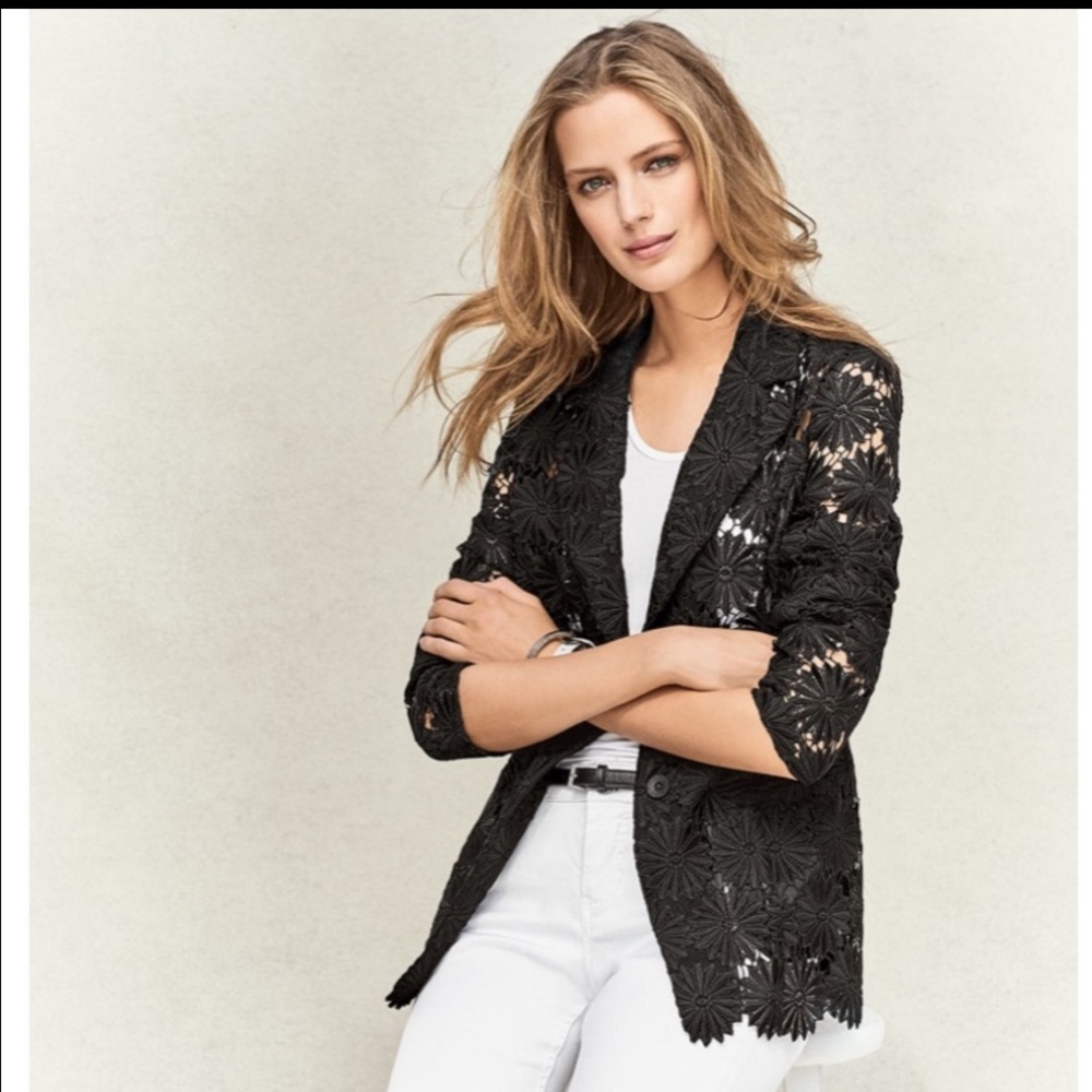 Black Lace Blazer with Open Front and Circle Daisy Pattern
